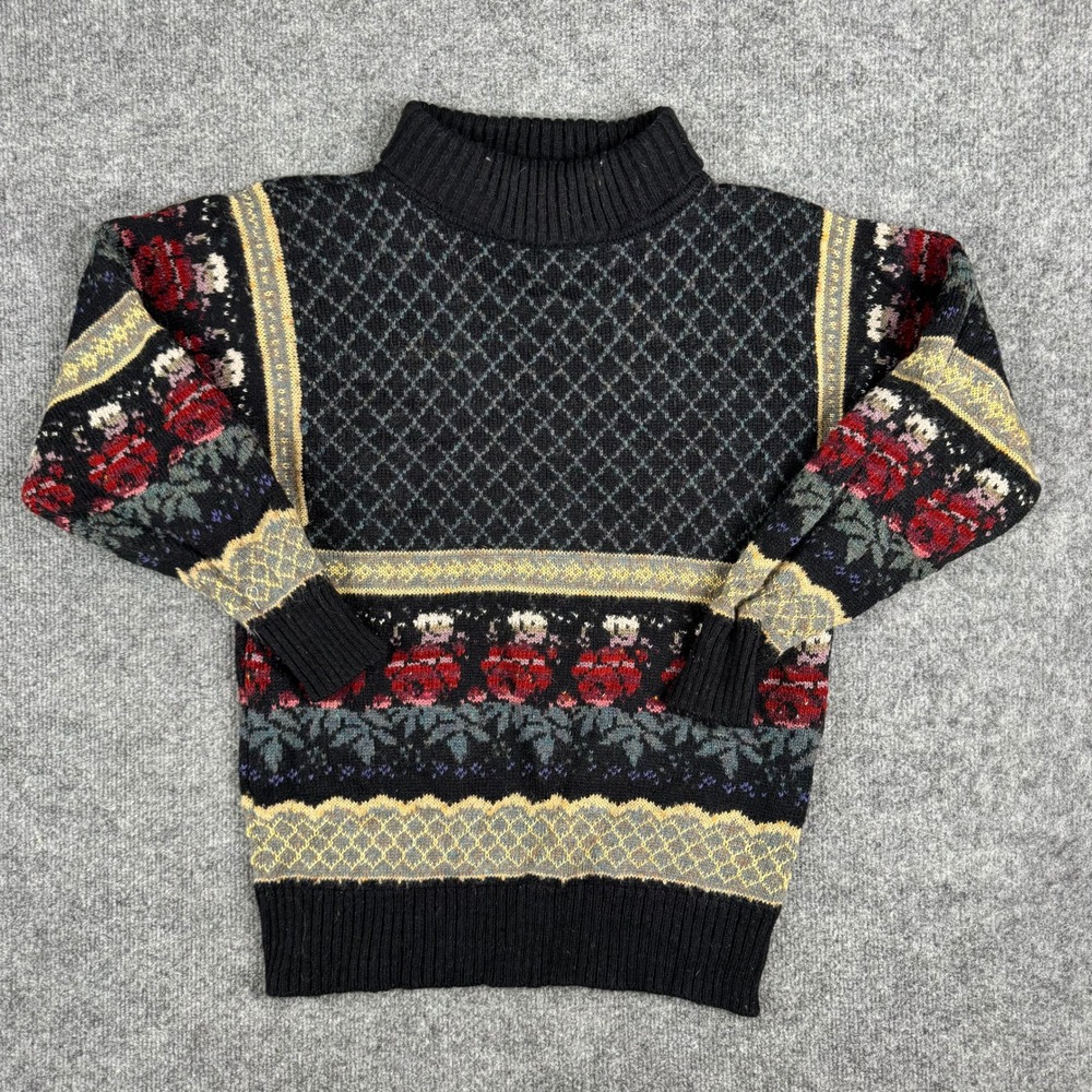The Import Workshop Sweater Womens Size M Black Wool Blend Floral Knit Mock Neck